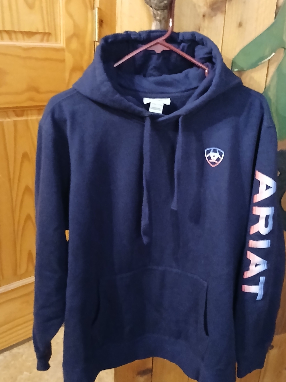 NWOT-Ariat Navy Hoodie with Multicolor Gradient Sleeve Logo
